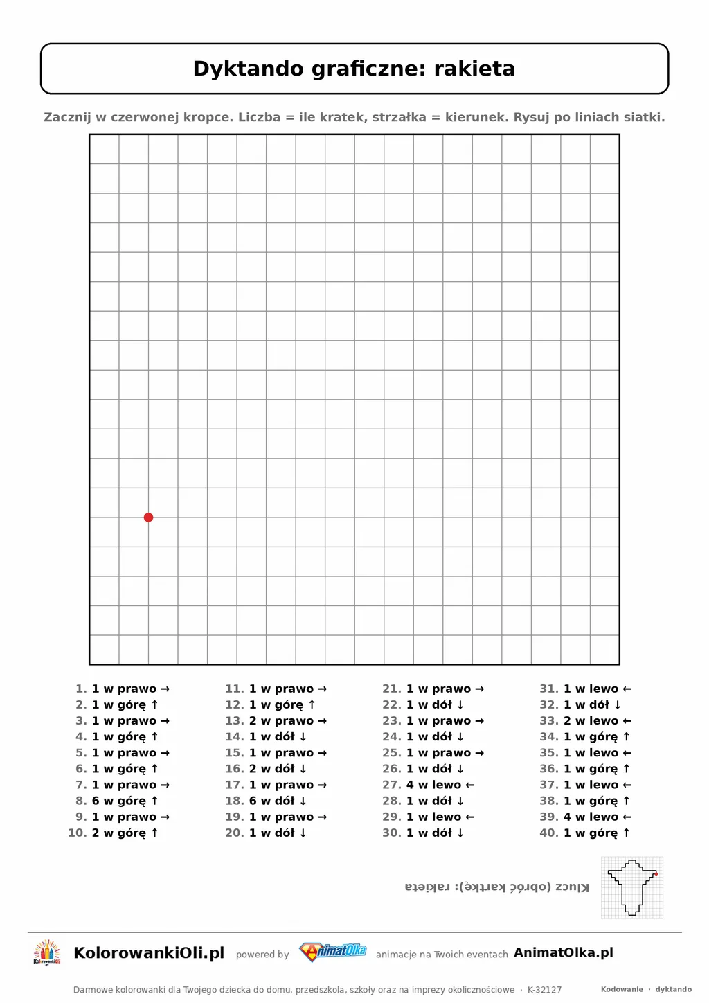 Dyktando graficzne rakieta — karta pracy do druku, siatka 18×18, 40 poleceń ze strzałkami, poziom średni