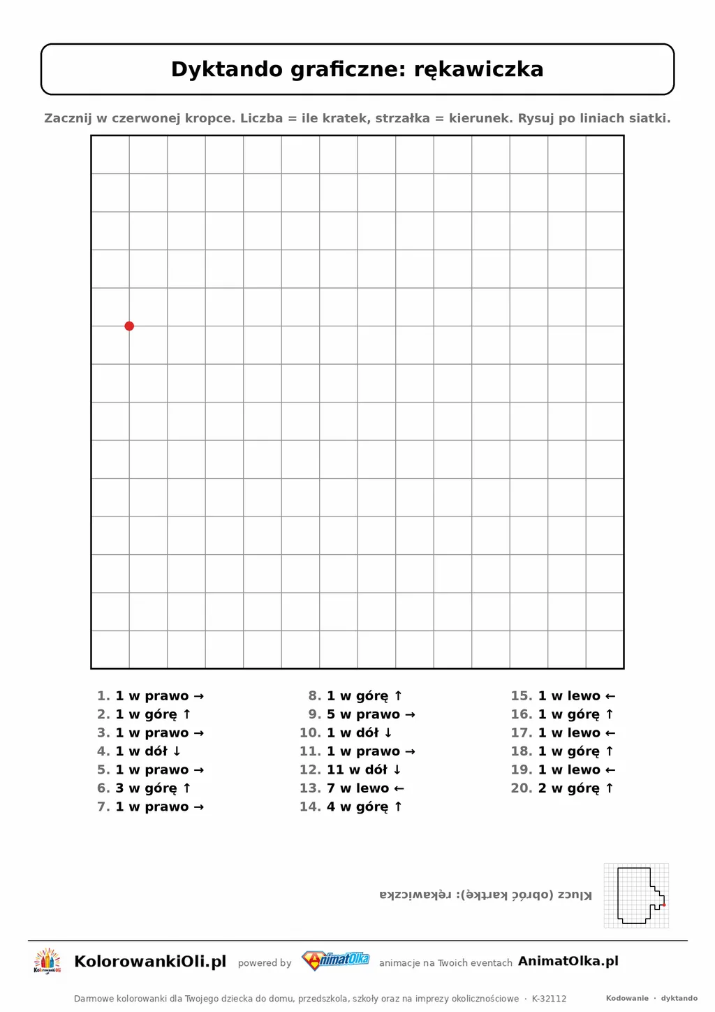 Dyktando graficzne rękawiczka — karta pracy do druku, siatka 14×14, 20 poleceń ze strzałkami, poziom łatwy