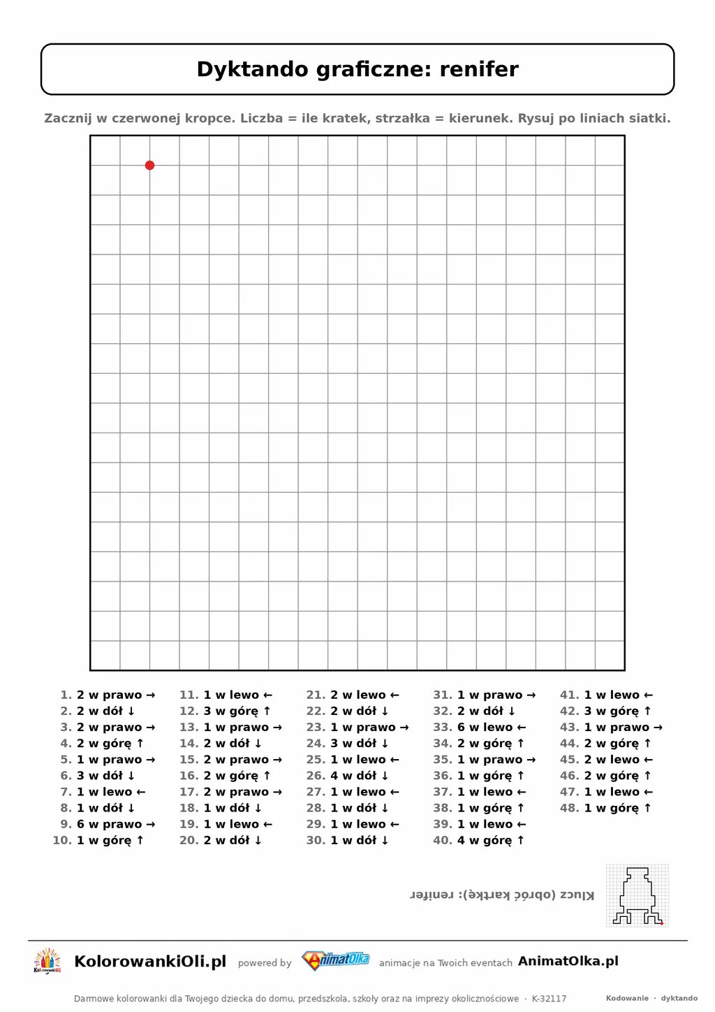 Dyktando graficzne renifer — karta pracy do druku, siatka 18×18, 48 poleceń ze strzałkami, poziom trudny