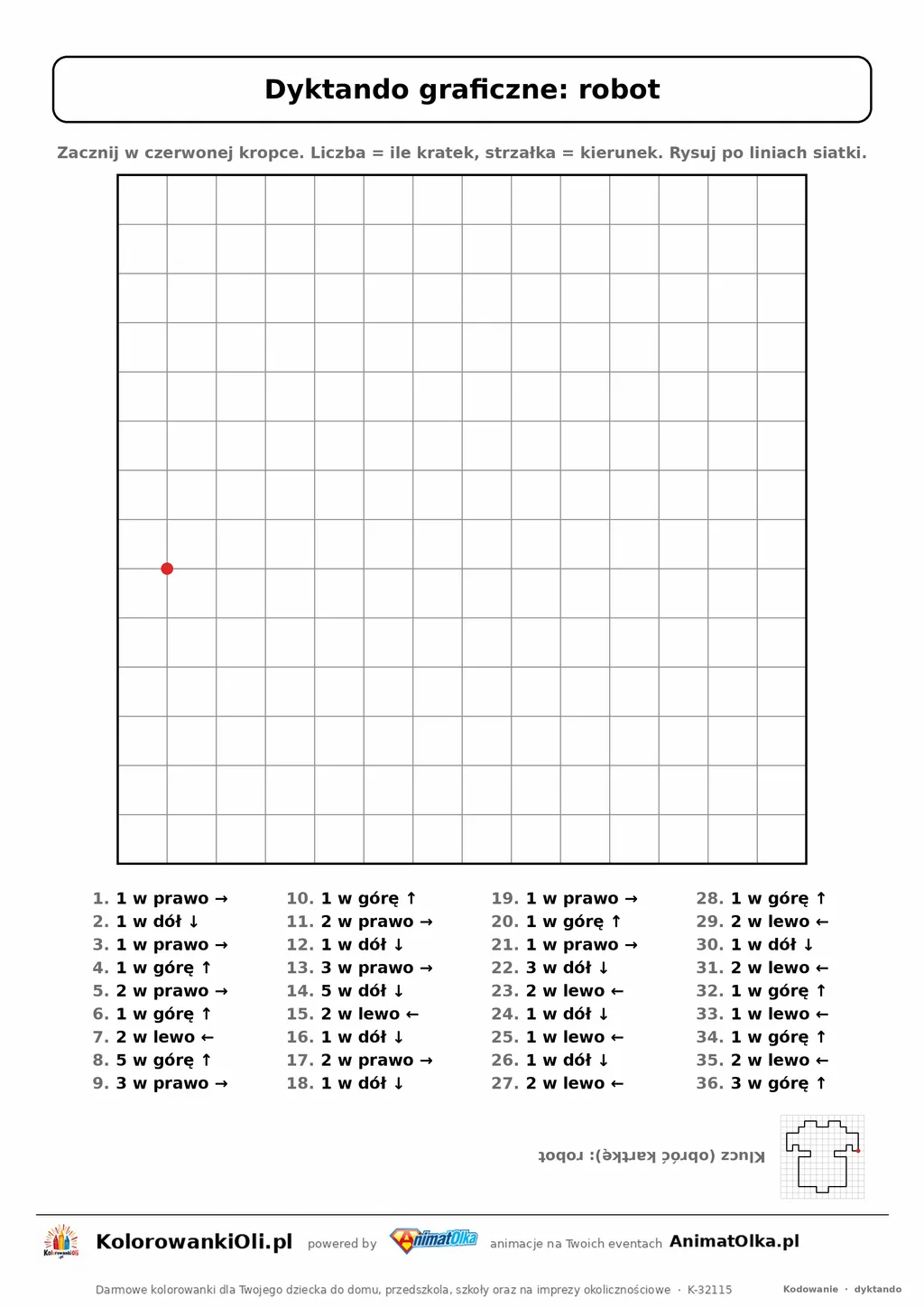 Dyktando graficzne robot — karta pracy do druku, siatka 14×14, 36 poleceń ze strzałkami, poziom średni