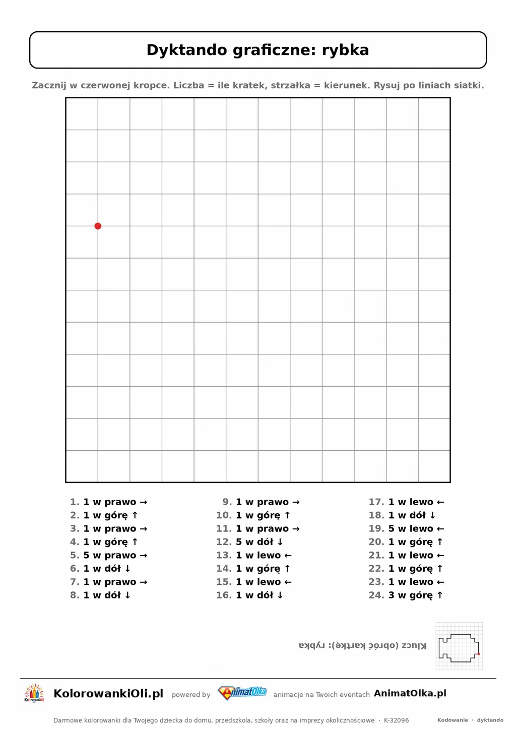 Dyktando graficzne rybka — karta pracy do druku, siatka 12×12, 24 polecenia ze strzałkami, poziom łatwy