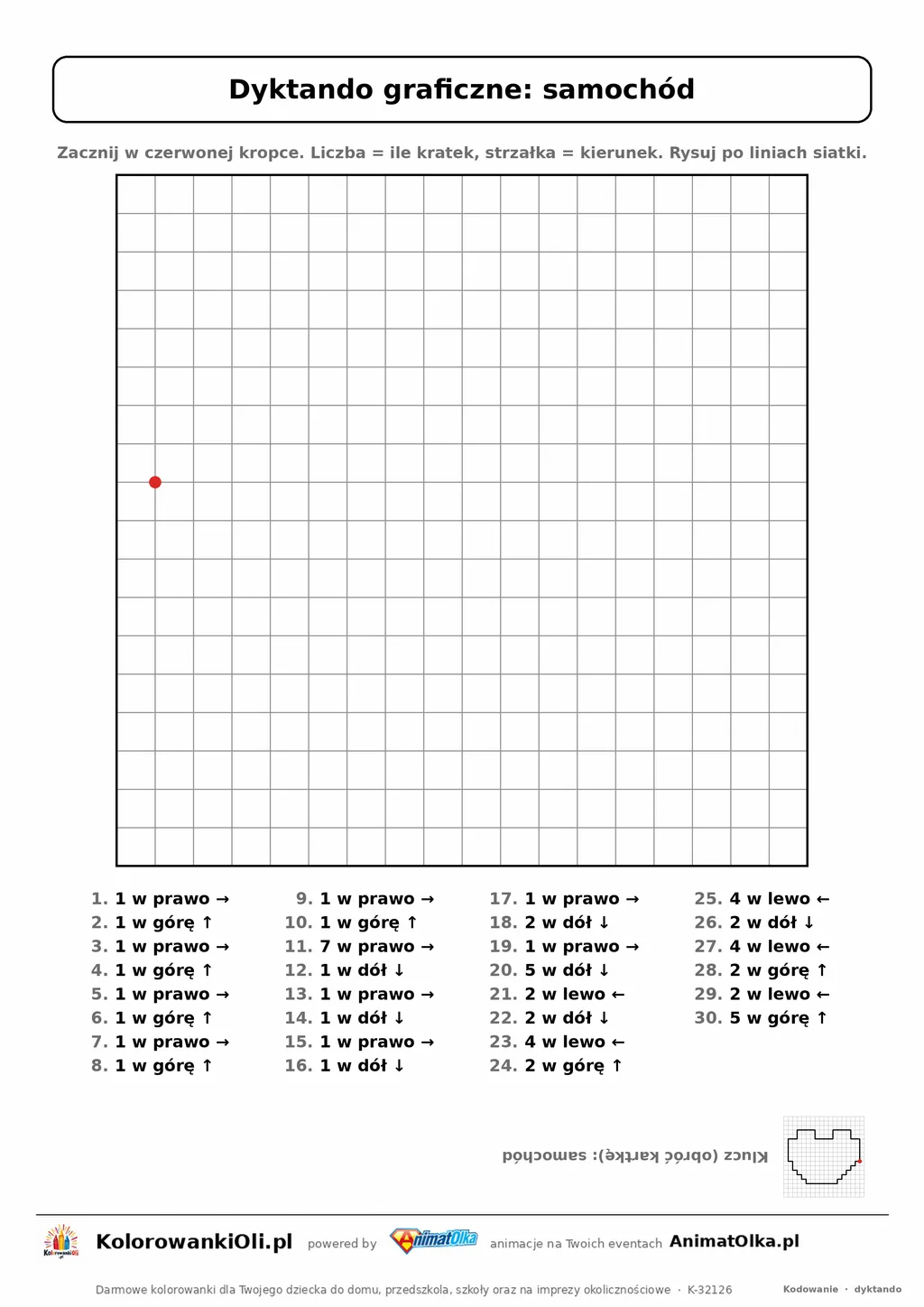 Dyktando graficzne samochód — karta pracy do druku, siatka 18×18, 30 poleceń ze strzałkami, poziom średni