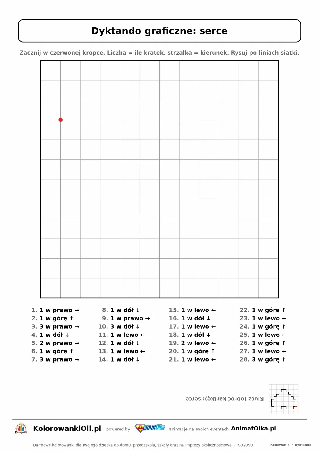Dyktando graficzne serce — karta pracy do druku, siatka 12×12, 28 poleceń ze strzałkami, poziom średni