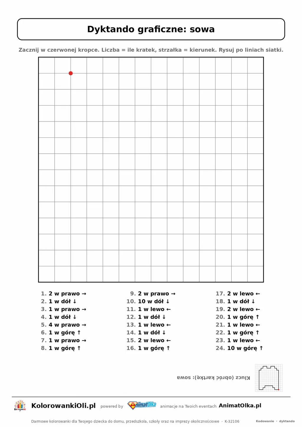 Dyktando graficzne sowa — karta pracy do druku, siatka 14×14, 24 polecenia ze strzałkami, poziom łatwy