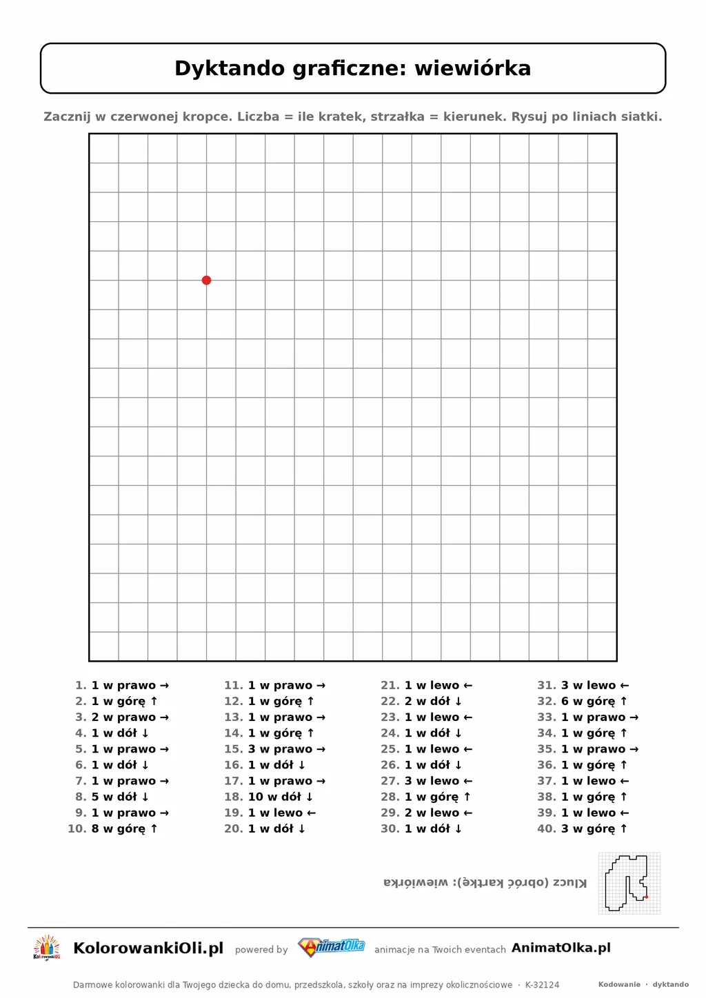 Dyktando graficzne wiewiórka — karta pracy do druku, siatka 18×18, 40 poleceń ze strzałkami, poziom średni