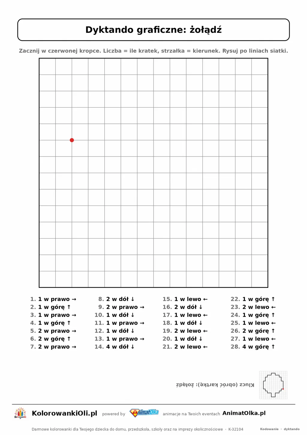 Dyktando graficzne żołądź — karta pracy do druku, siatka 14×14, 28 poleceń ze strzałkami, poziom średni