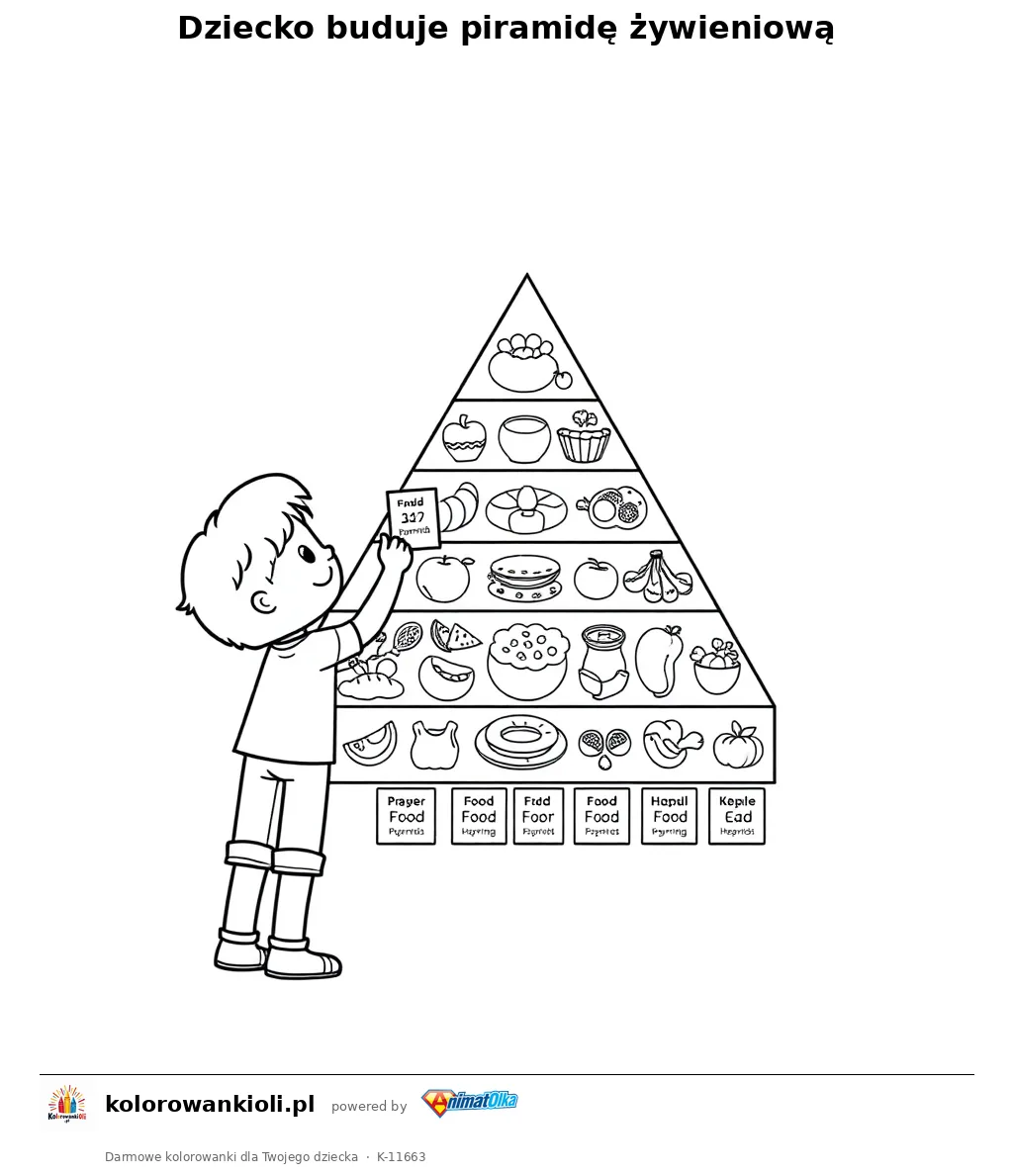 Dziecko buduje piramide zywieniowa — kolorowanka do wydruku dla dzieci