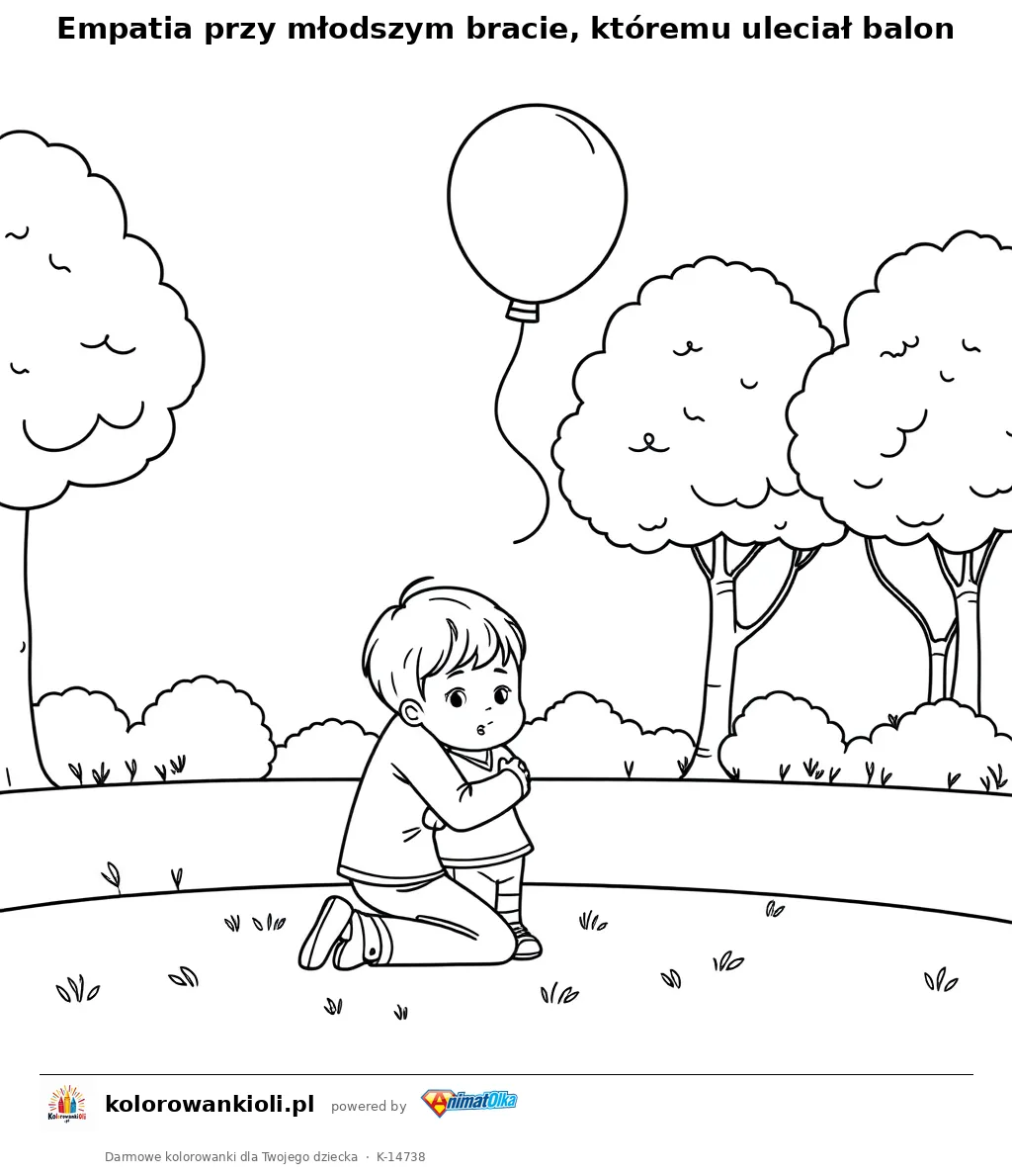 Empatia przy młodszym bracie, któremu uleciał balon — kolorowanka do wydruku dla dzieci