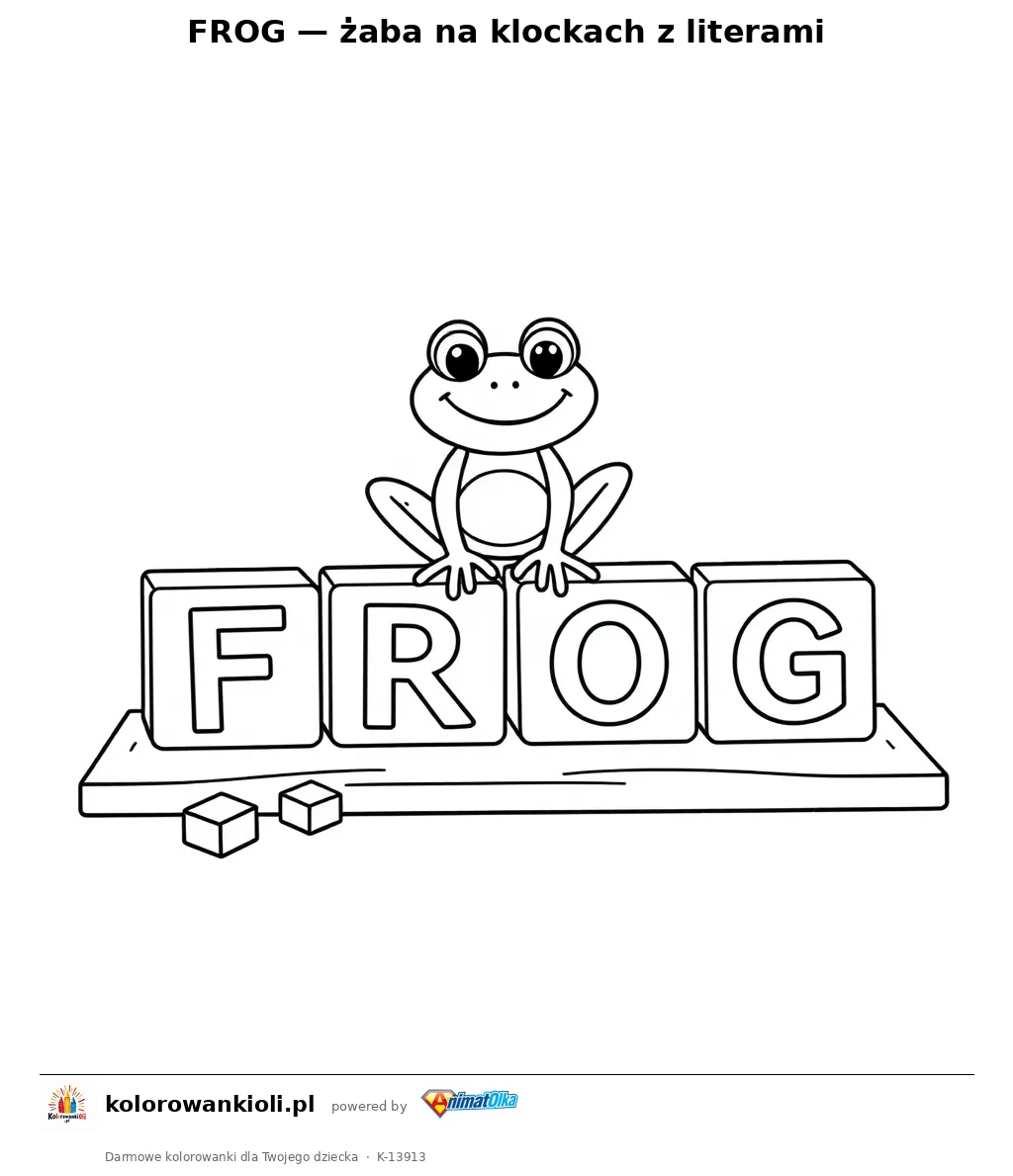 FROG — żaba na klockach z literami — kolorowanka do wydruku dla dzieci