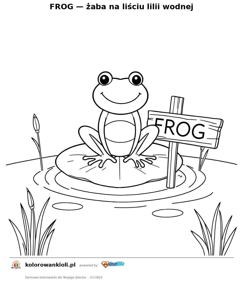 FROG — żaba na liściu lilii wodnej — kolorowanka do wydruku dla dzieci