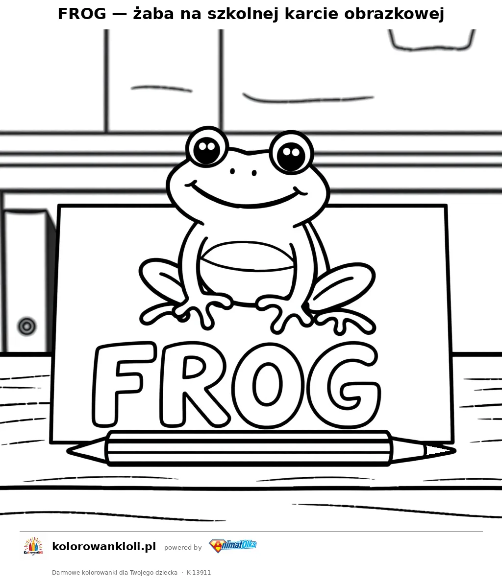 FROG — żaba na szkolnej karcie obrazkowej — kolorowanka do wydruku dla dzieci