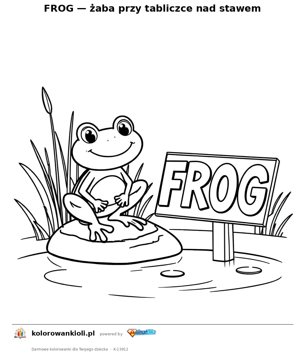 FROG — żaba przy tabliczce nad stawem — kolorowanka do wydruku dla dzieci