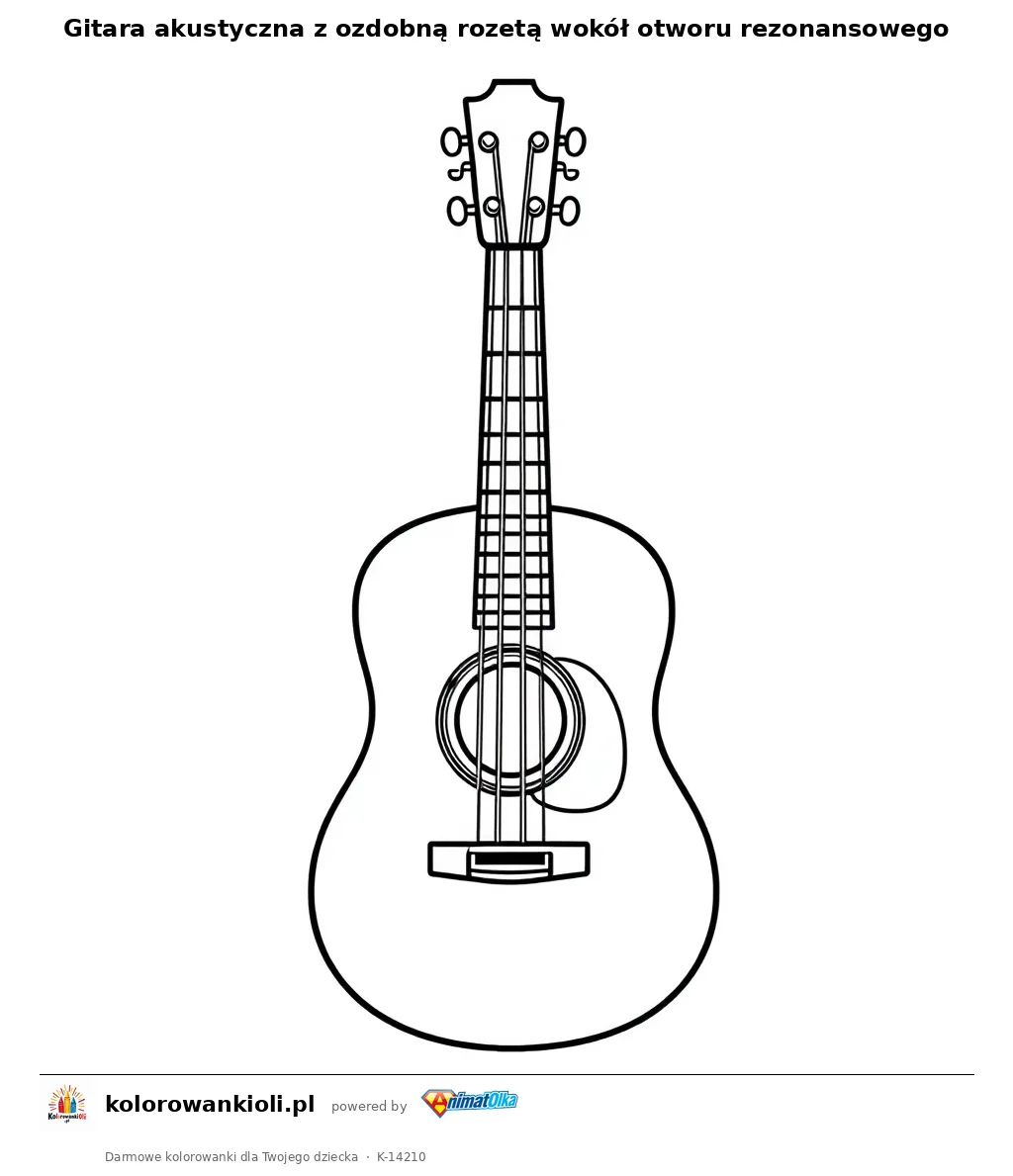 Gitara akustyczna z ozdobną rozetą wokół otworu rezonansowego — kolorowanka do wydruku dla dzieci