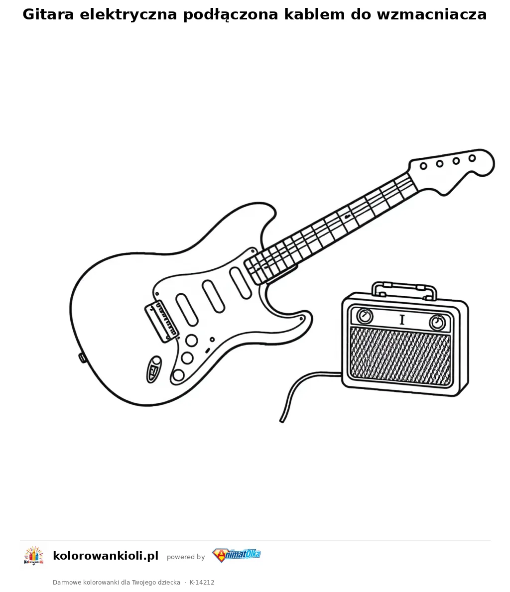 Gitara elektryczna podłączona kablem do wzmacniacza — kolorowanka do wydruku dla dzieci
