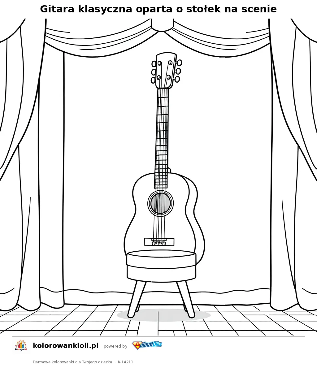 Gitara klasyczna oparta o stołek na scenie — kolorowanka do wydruku dla dzieci