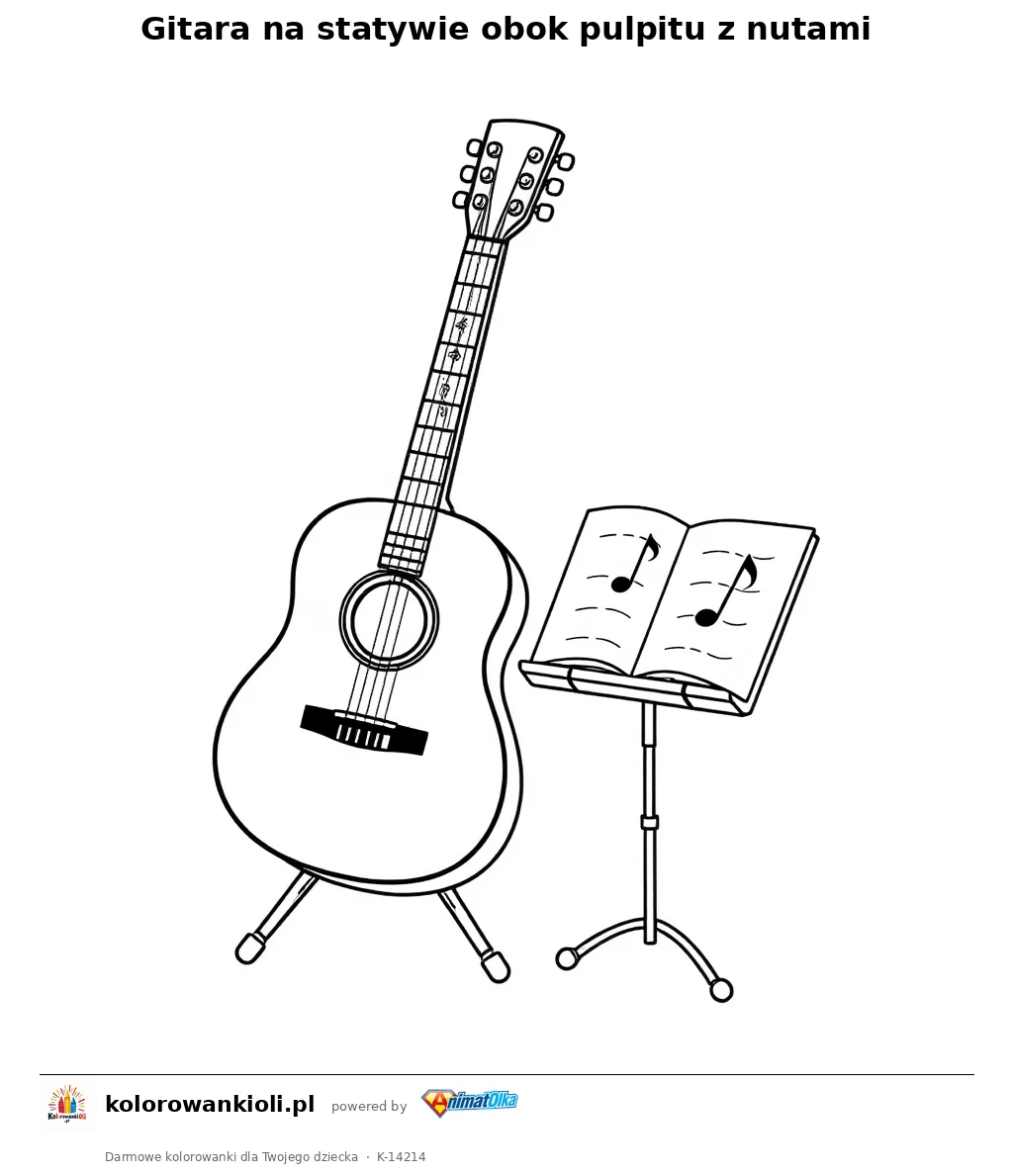 Gitara na statywie obok pulpitu z nutami — kolorowanka do wydruku dla dzieci