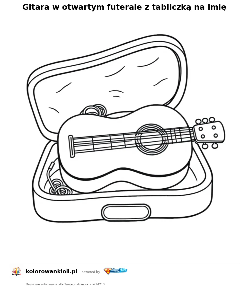 Gitara w otwartym futerale z tabliczką na imię — kolorowanka do wydruku dla dzieci