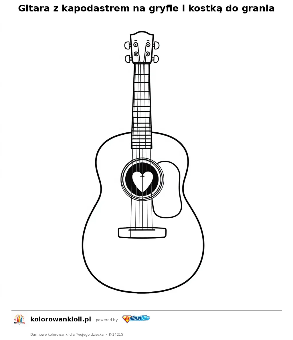 Gitara z kapodastrem na gryfie i kostką do grania — kolorowanka do wydruku dla dzieci