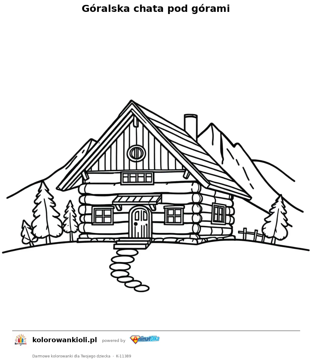 Góralska chata pod górami — kolorowanka do wydruku dla dzieci