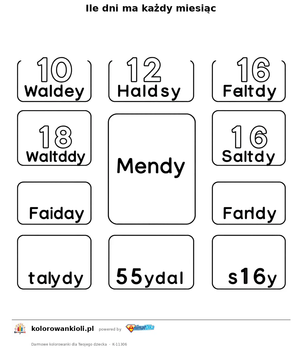 Ile dni ma każdy miesiąc — kolorowanka do wydruku dla dzieci