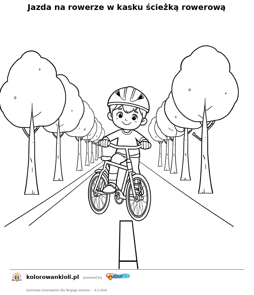 Jazda na rowerze w kasku ścieżką rowerową — kolorowanka do wydruku dla dzieci