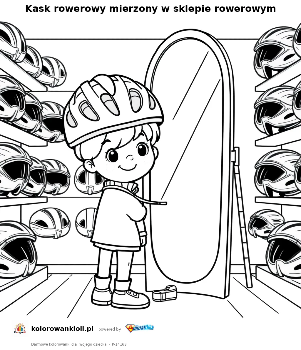 Kask rowerowy mierzony w sklepie rowerowym — kolorowanka do wydruku dla dzieci