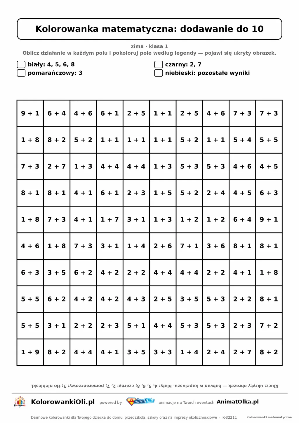 Kolorowanka matematyczna dodawanie do 10 — ukryty obrazek bałwan, siatka 10×10, do druku A4