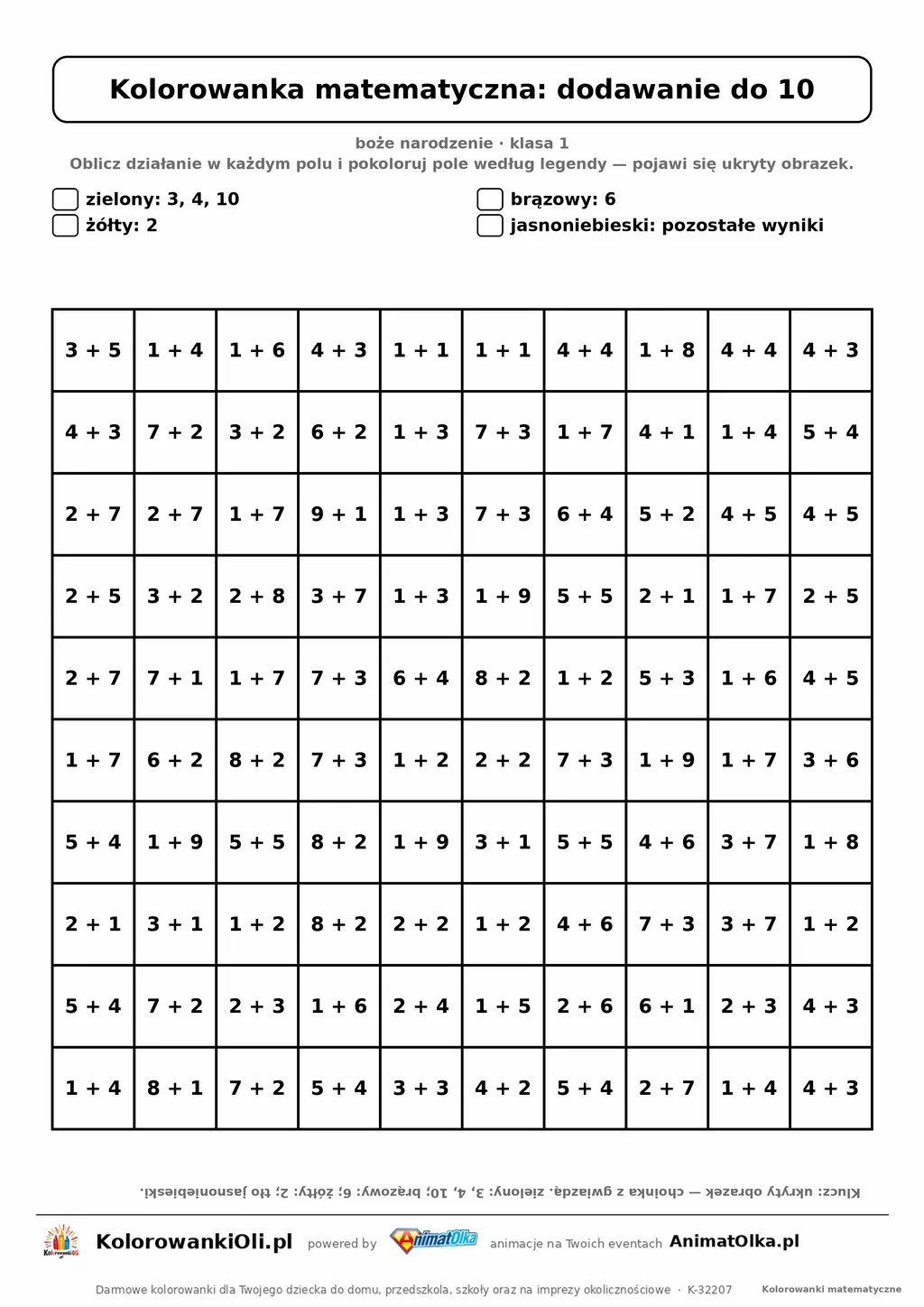 Kolorowanka matematyczna dodawanie do 10 — ukryty obrazek choinka, siatka 10×10, do druku A4