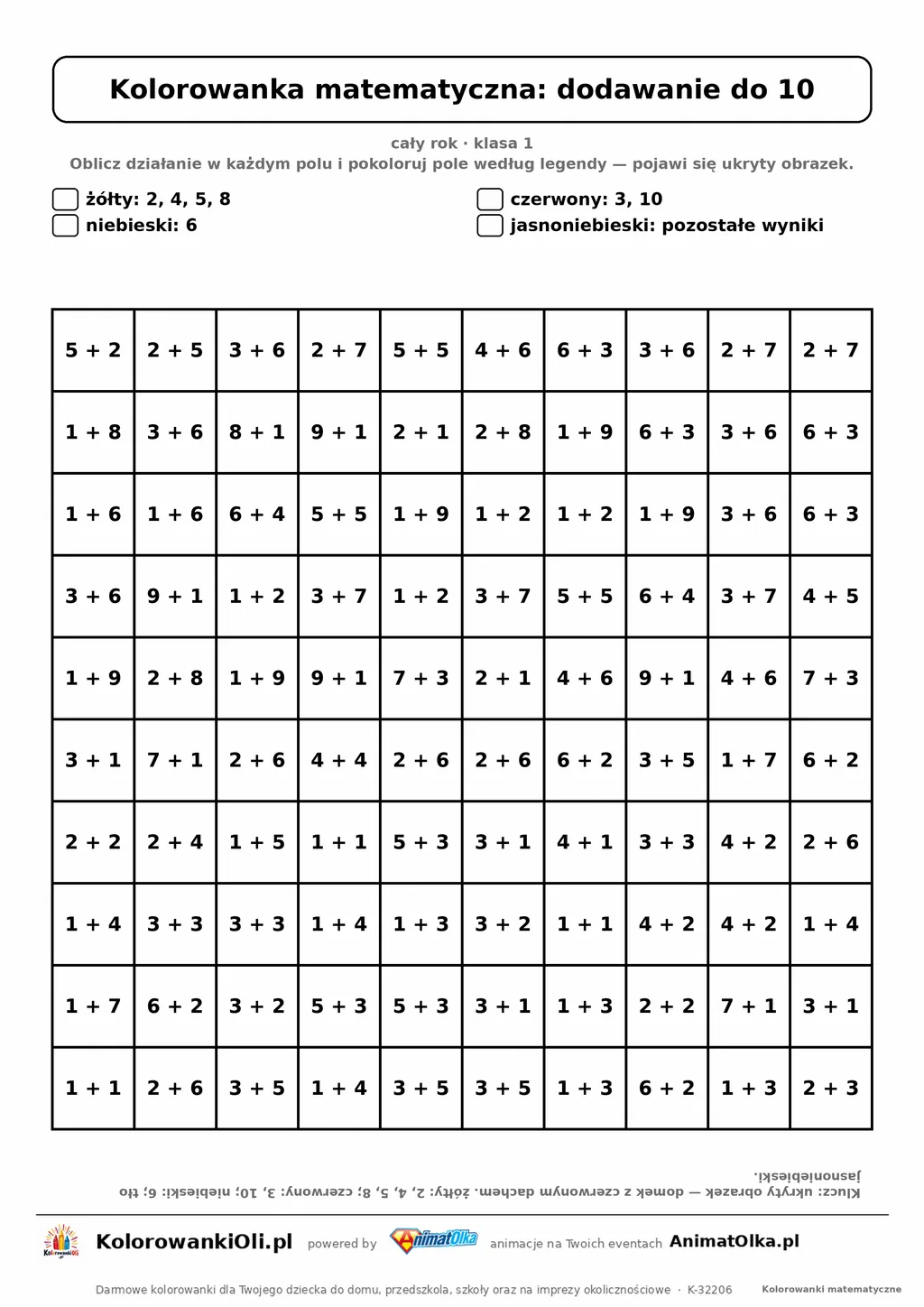 Kolorowanka matematyczna dodawanie do 10 — ukryty obrazek dom, siatka 10×10, do druku A4