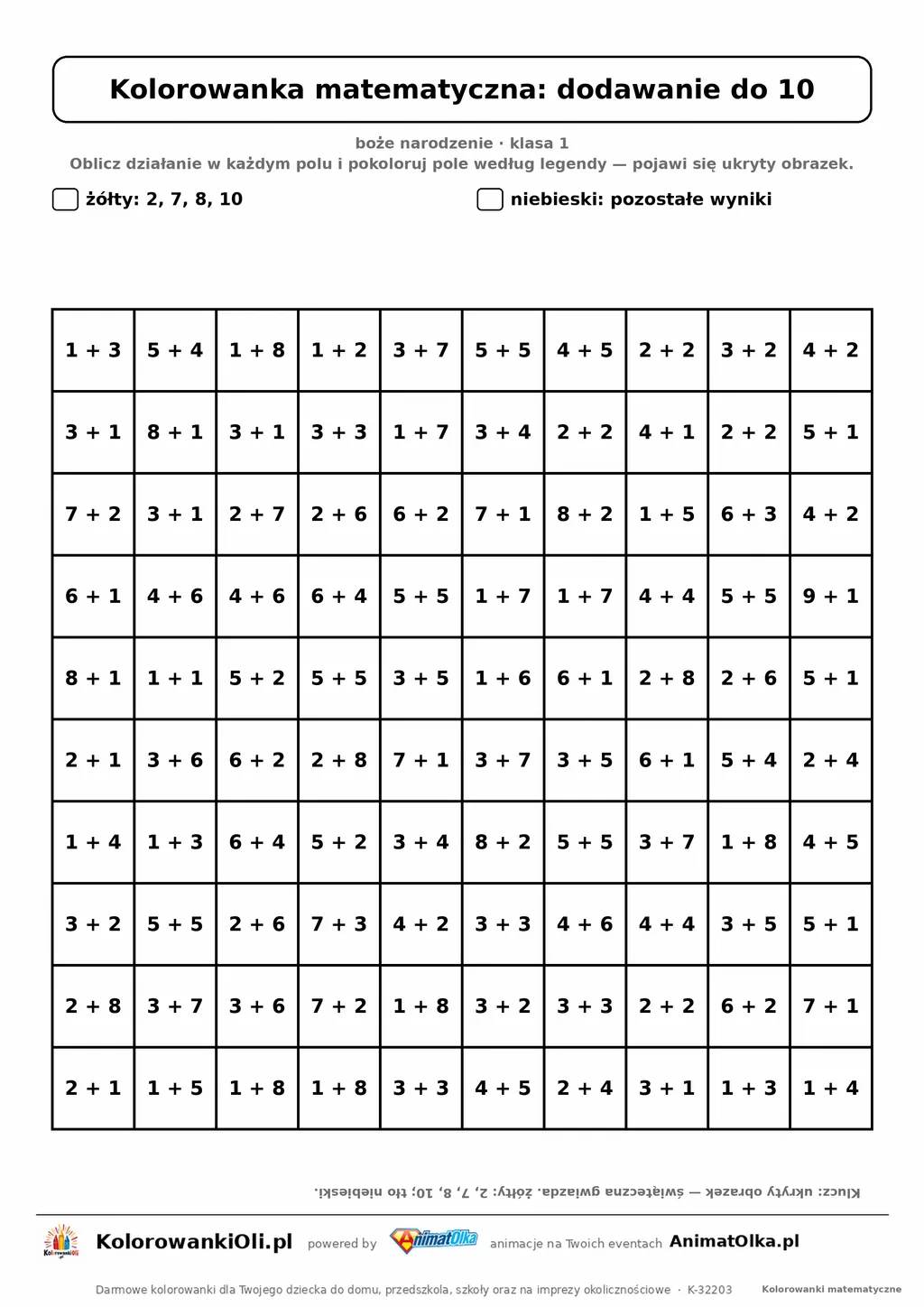 Kolorowanka matematyczna dodawanie do 10 — ukryty obrazek gwiazda, siatka 10×10, do druku A4