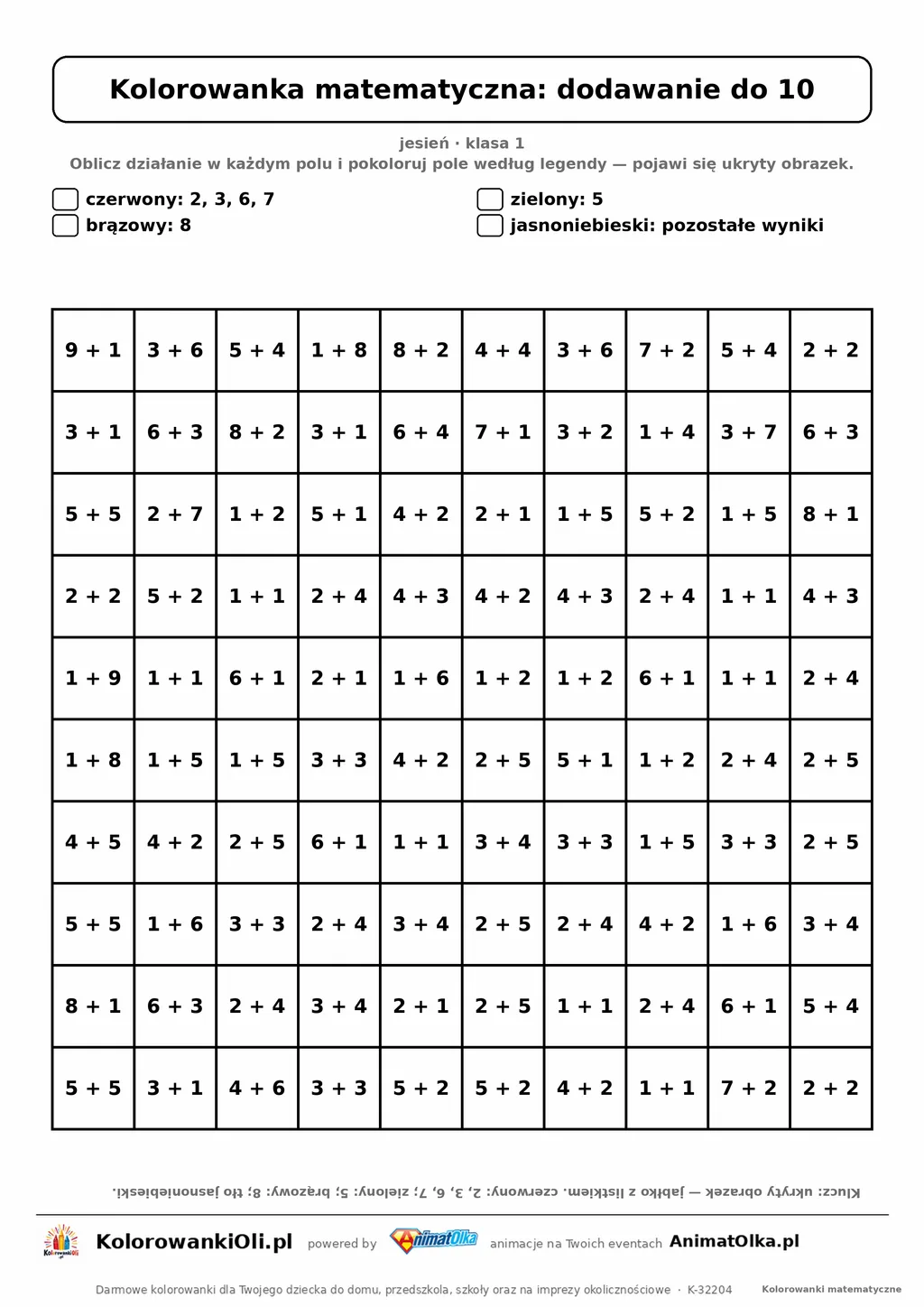 Kolorowanka matematyczna dodawanie do 10 — ukryty obrazek jabłko, siatka 10×10, do druku A4