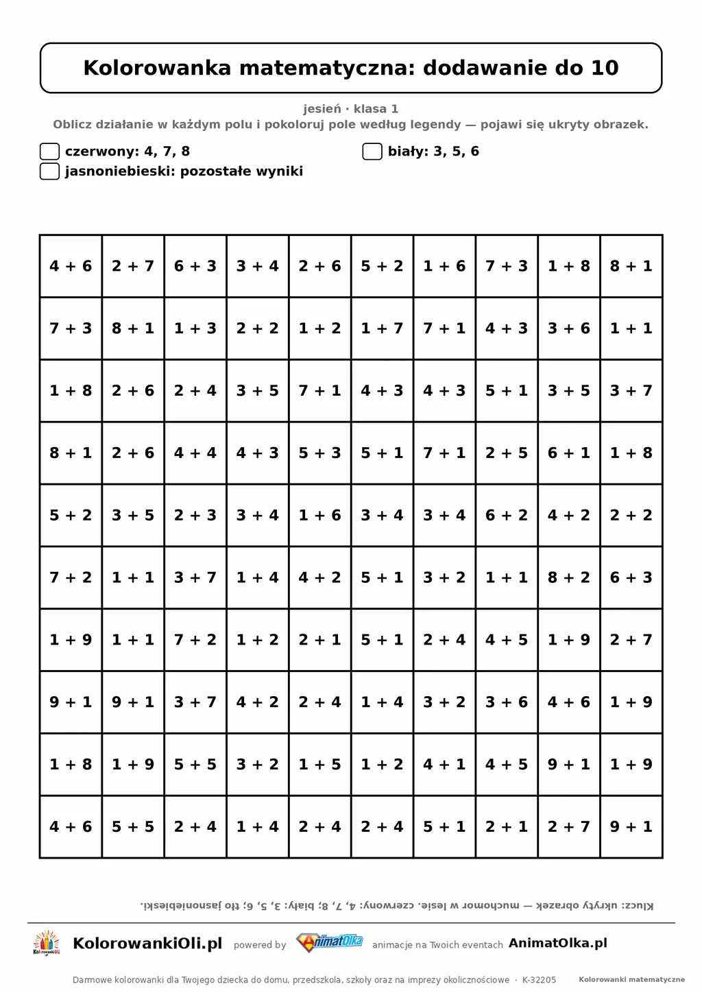 Kolorowanka matematyczna dodawanie do 10 — ukryty obrazek muchomor, siatka 10×10, do druku A4