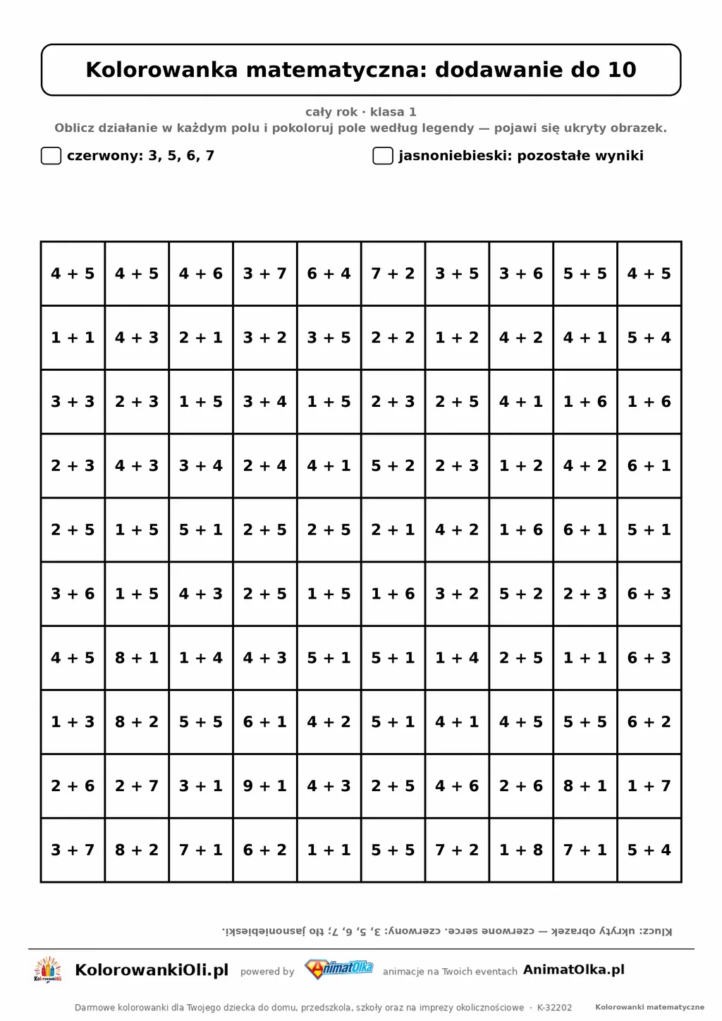 Kolorowanka matematyczna dodawanie do 10 — ukryty obrazek serce, siatka 10×10, do druku A4