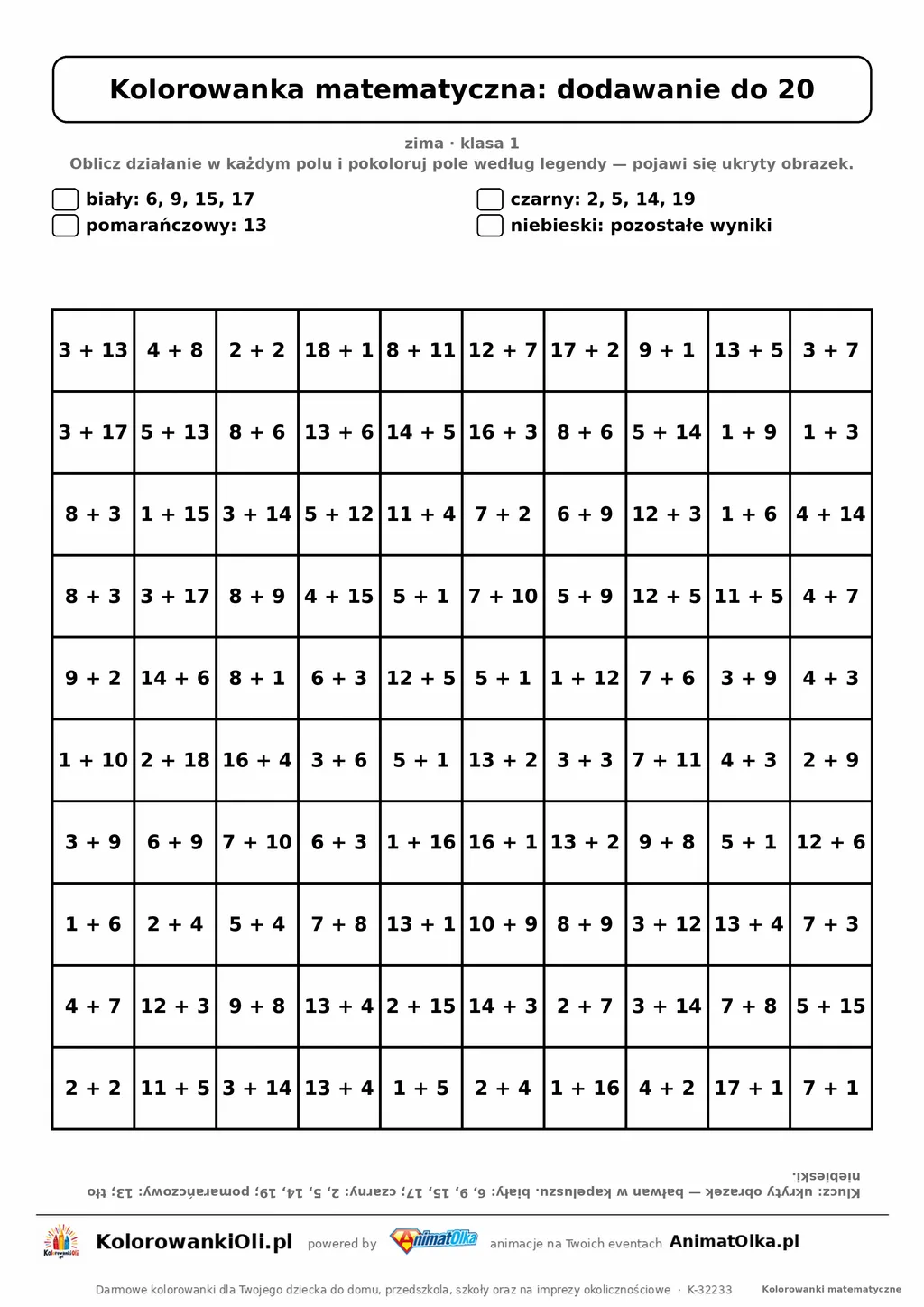 Kolorowanka matematyczna dodawanie do 20 — ukryty obrazek bałwan, siatka 10×10, do druku A4