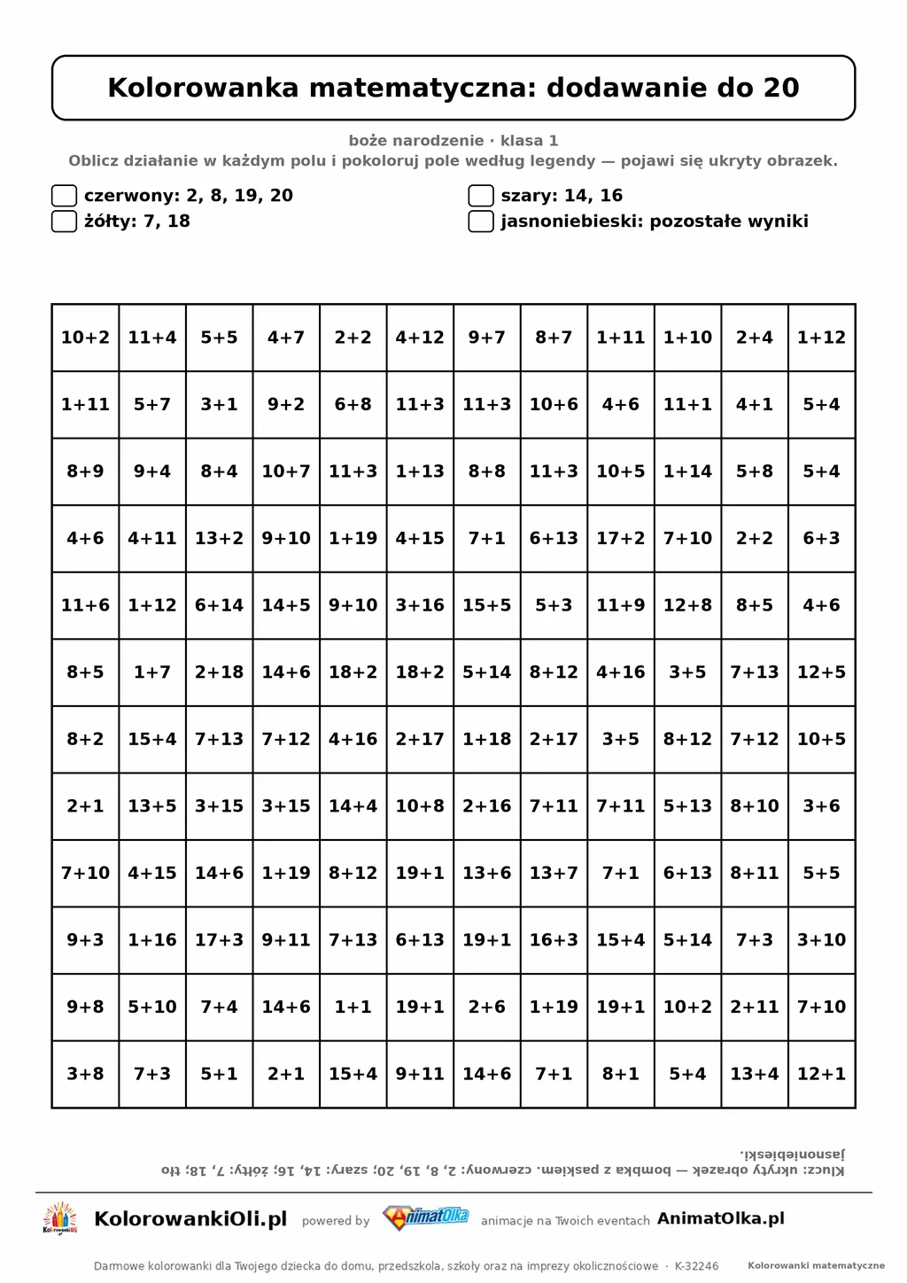 Kolorowanka matematyczna dodawanie do 20 — ukryty obrazek bombka, siatka 12×12, do druku A4