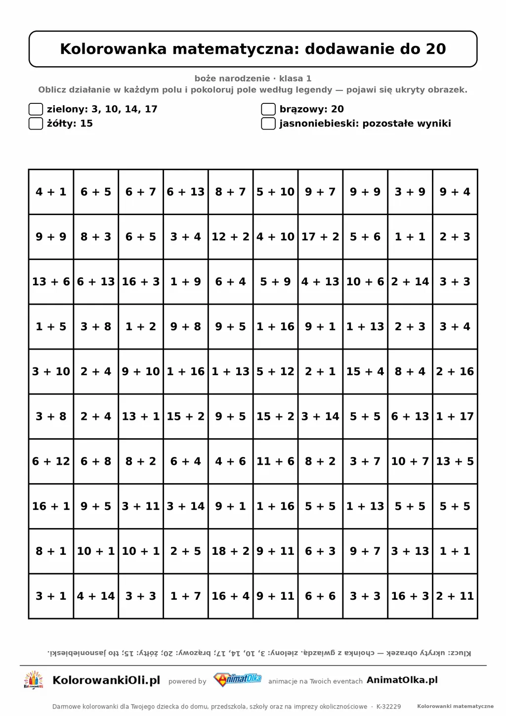 Kolorowanka matematyczna dodawanie do 20 — ukryty obrazek choinka, siatka 10×10, do druku A4