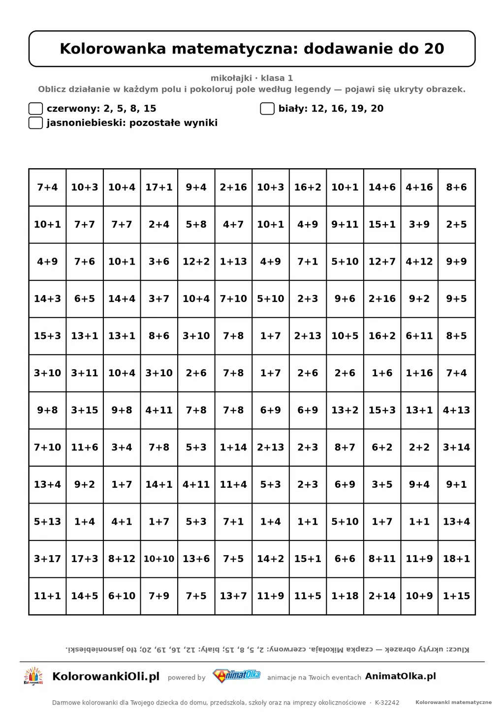 Kolorowanka matematyczna dodawanie do 20 — ukryty obrazek czapka Mikołaja, siatka 12×12, do druku A4
