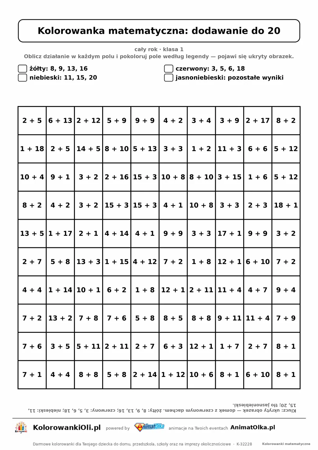 Kolorowanka matematyczna dodawanie do 20 — ukryty obrazek dom, siatka 10×10, do druku A4