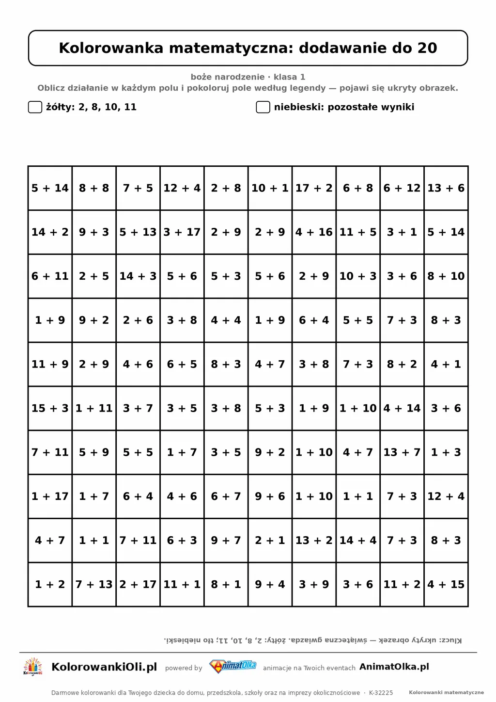 Kolorowanka matematyczna dodawanie do 20 — ukryty obrazek gwiazda, siatka 10×10, do druku A4
