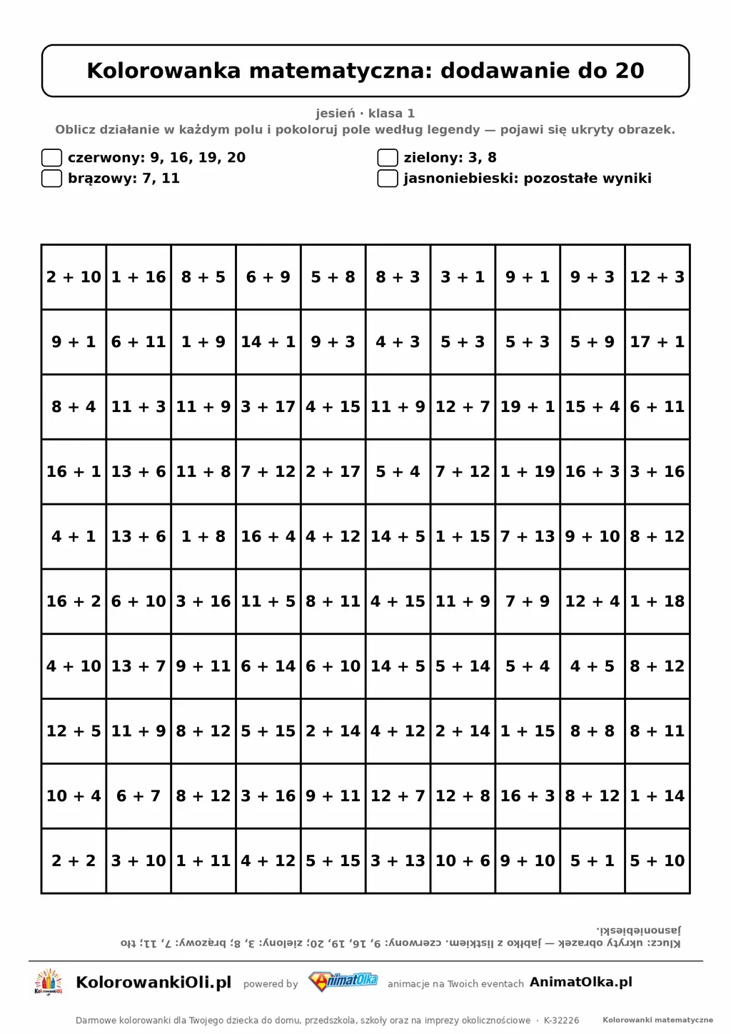 Kolorowanka matematyczna dodawanie do 20 — ukryty obrazek jabłko, siatka 10×10, do druku A4