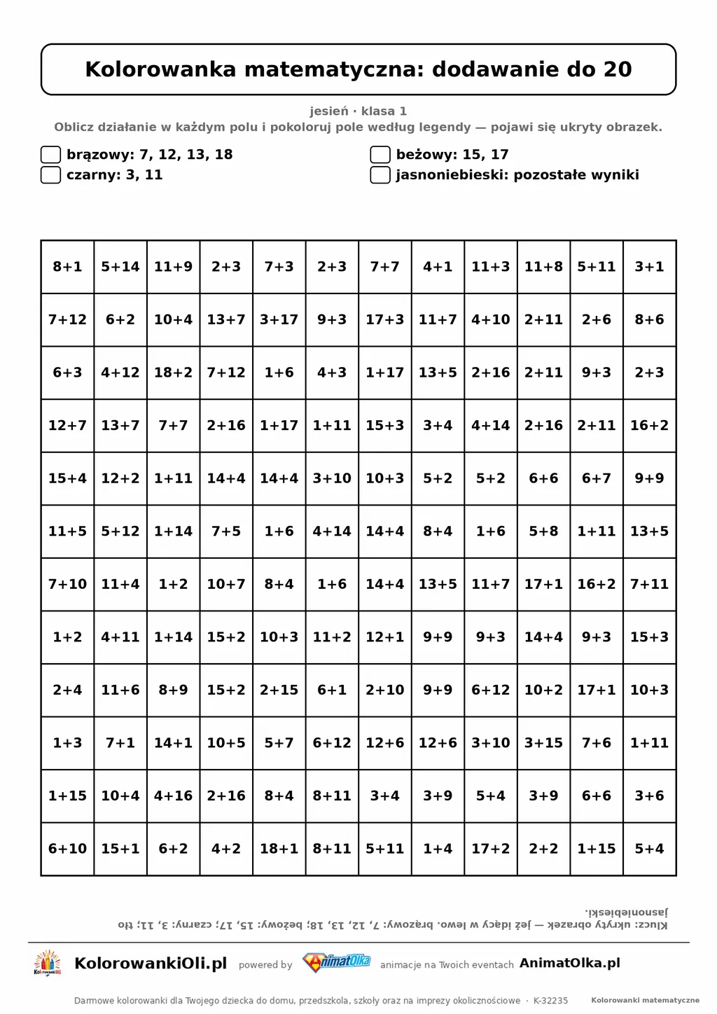Kolorowanka matematyczna dodawanie do 20 — ukryty obrazek jeż, siatka 12×12, do druku A4