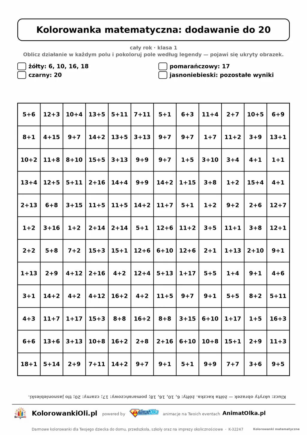 Kolorowanka matematyczna dodawanie do 20 — ukryty obrazek kaczka, siatka 12×12, do druku A4