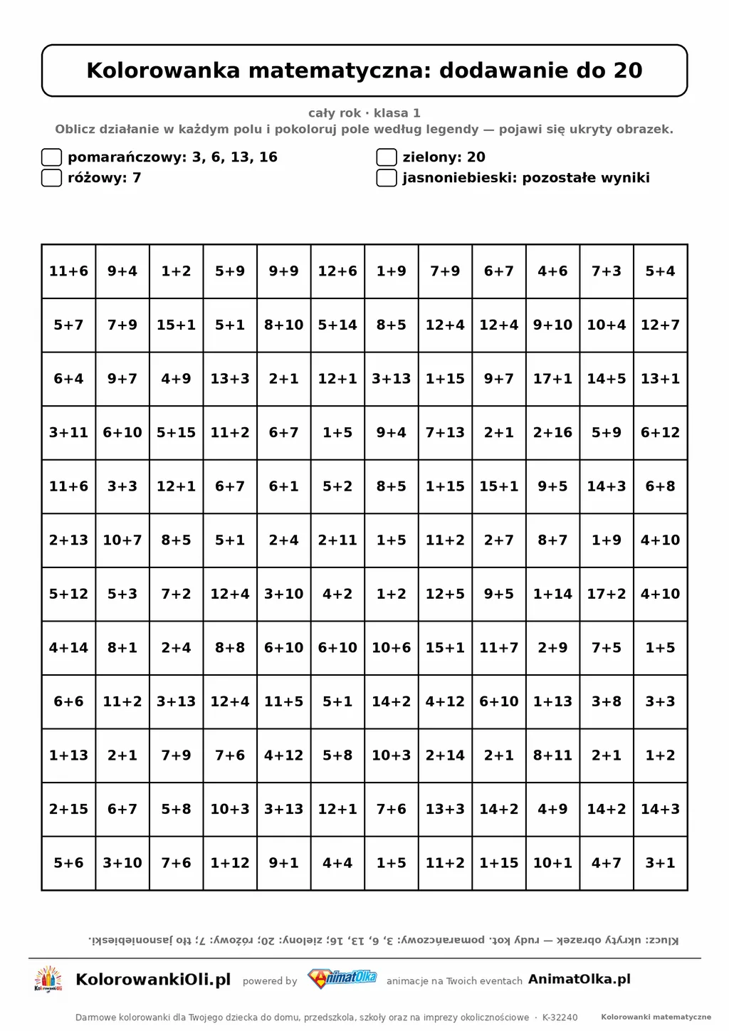 Kolorowanka matematyczna dodawanie do 20 — ukryty obrazek kot, siatka 12×12, do druku A4