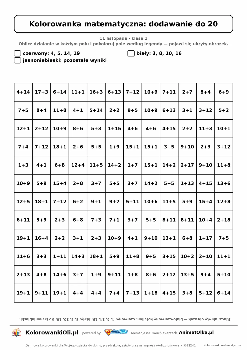 Kolorowanka matematyczna dodawanie do 20 — ukryty obrazek kotylion, siatka 12×12, do druku A4