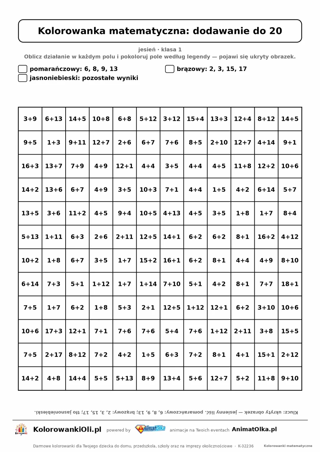 Kolorowanka matematyczna dodawanie do 20 — ukryty obrazek liść, siatka 12×12, do druku A4