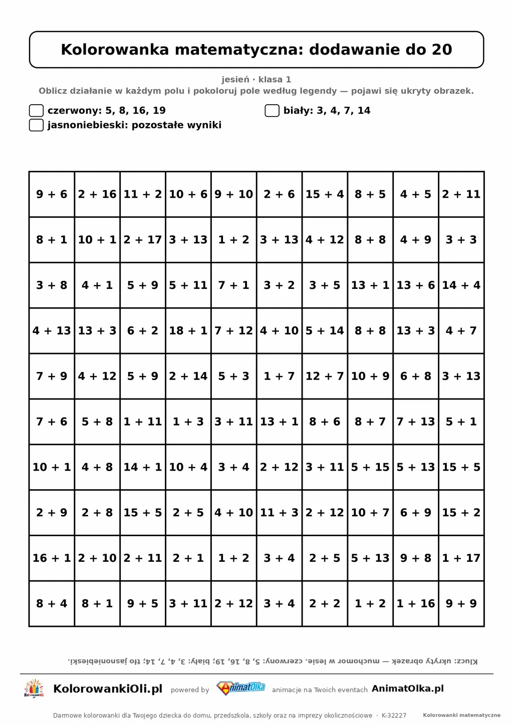 Kolorowanka matematyczna dodawanie do 20 — ukryty obrazek muchomor, siatka 10×10, do druku A4