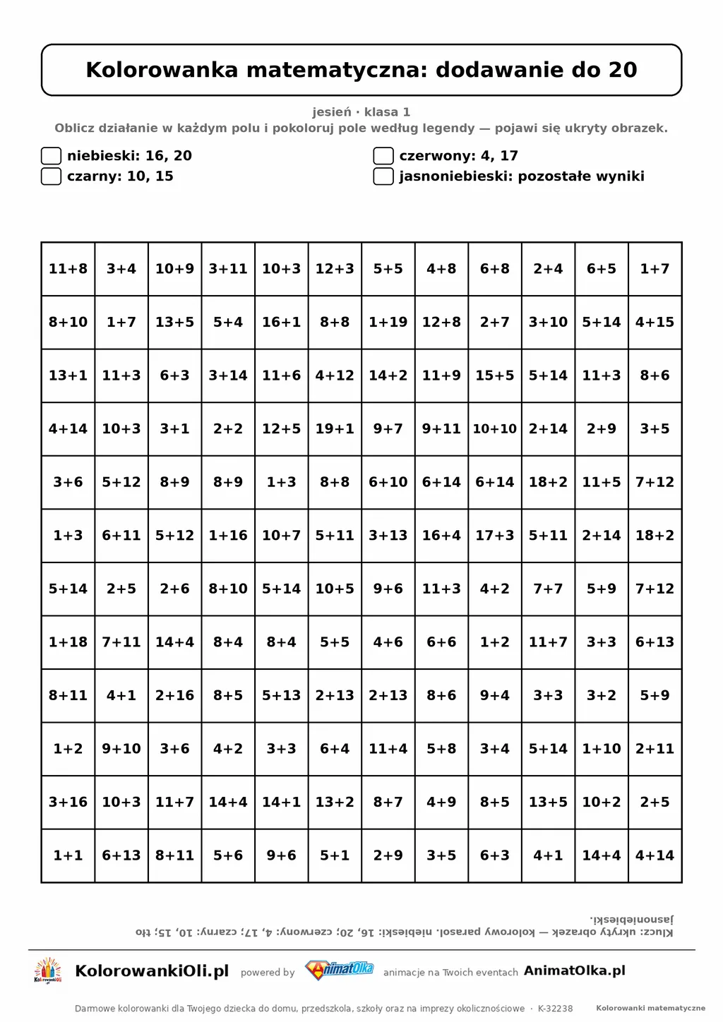 Kolorowanka matematyczna dodawanie do 20 — ukryty obrazek parasol, siatka 12×12, do druku A4