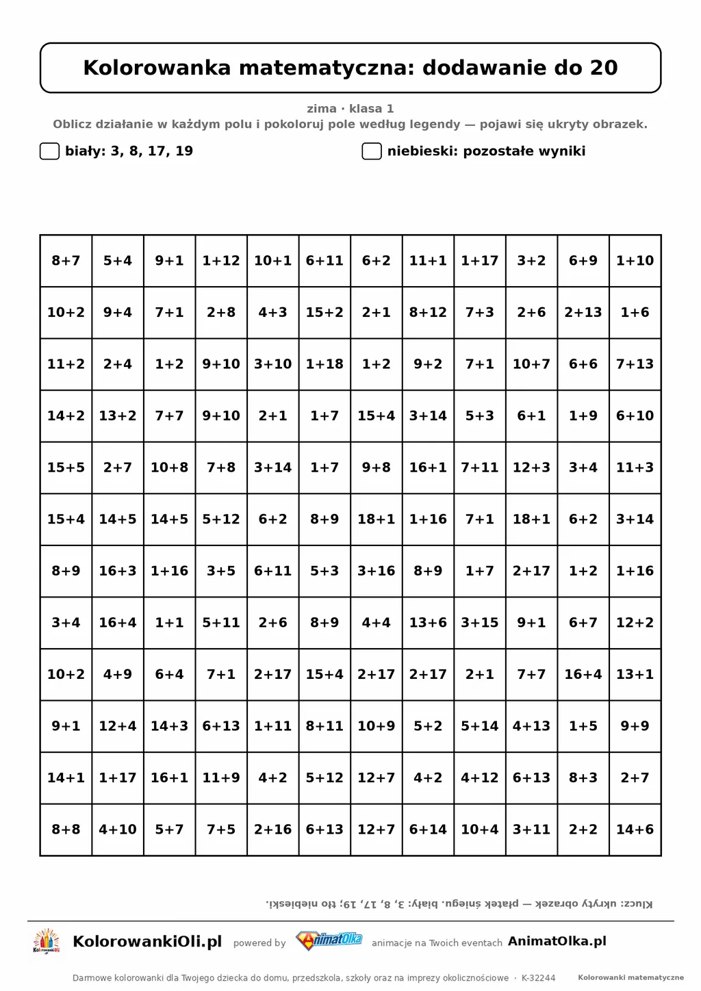 Kolorowanka matematyczna dodawanie do 20 — ukryty obrazek płatek śniegu, siatka 12×12, do druku A4