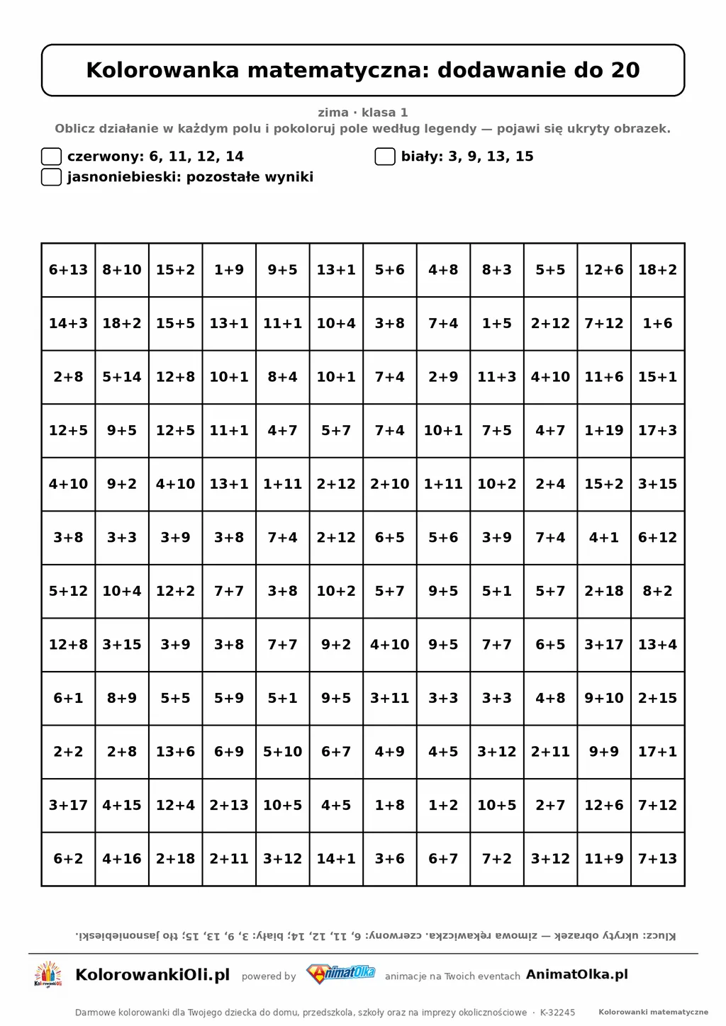 Kolorowanka matematyczna dodawanie do 20 — ukryty obrazek rękawiczka, siatka 12×12, do druku A4