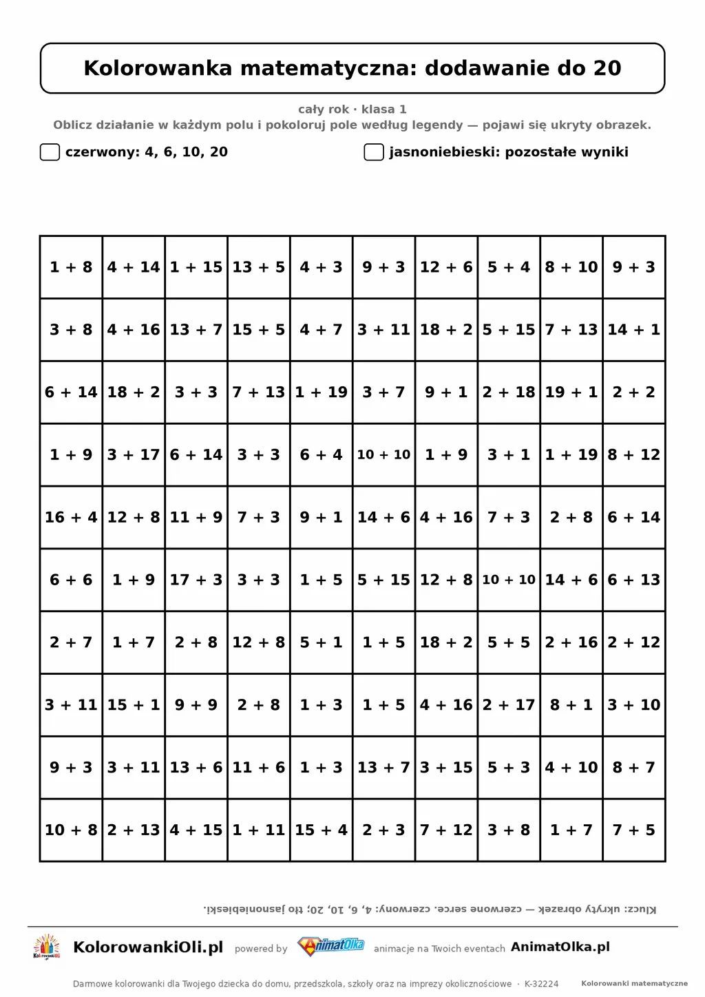 Kolorowanka matematyczna dodawanie do 20 — ukryty obrazek serce, siatka 10×10, do druku A4